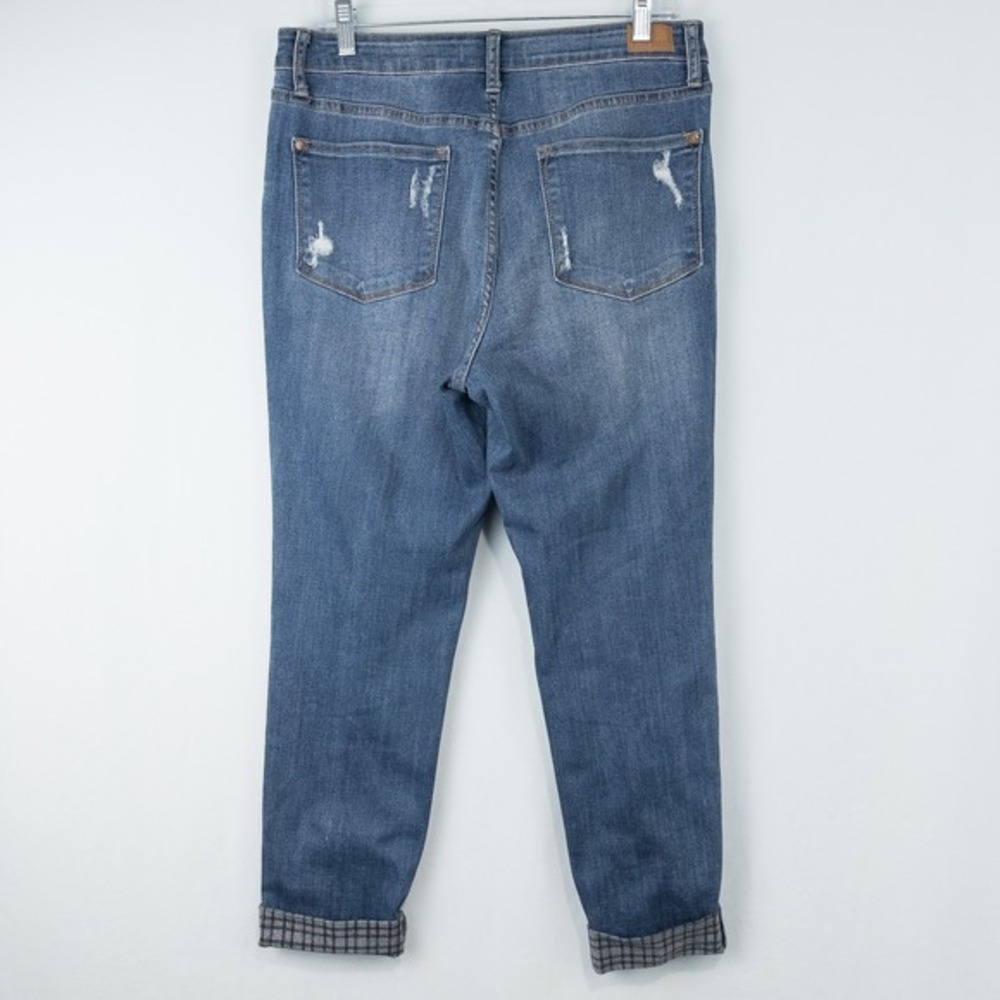 Judy Blue Plaid Cuff Slim Fit Jeans Womens 11/30 Mid Rise Medium Wash Distressed - Picture 2 of 14